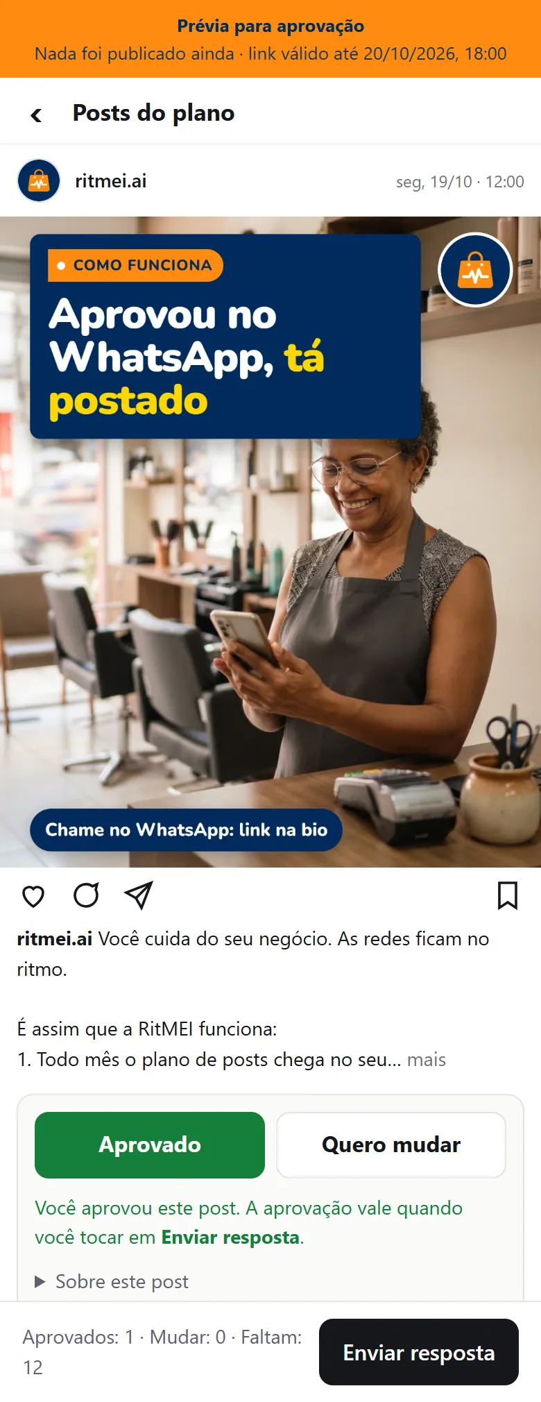 Post aberto na tela de aprovação, com o botão Aprovado em verde e o botão Quero mudar ao lado.