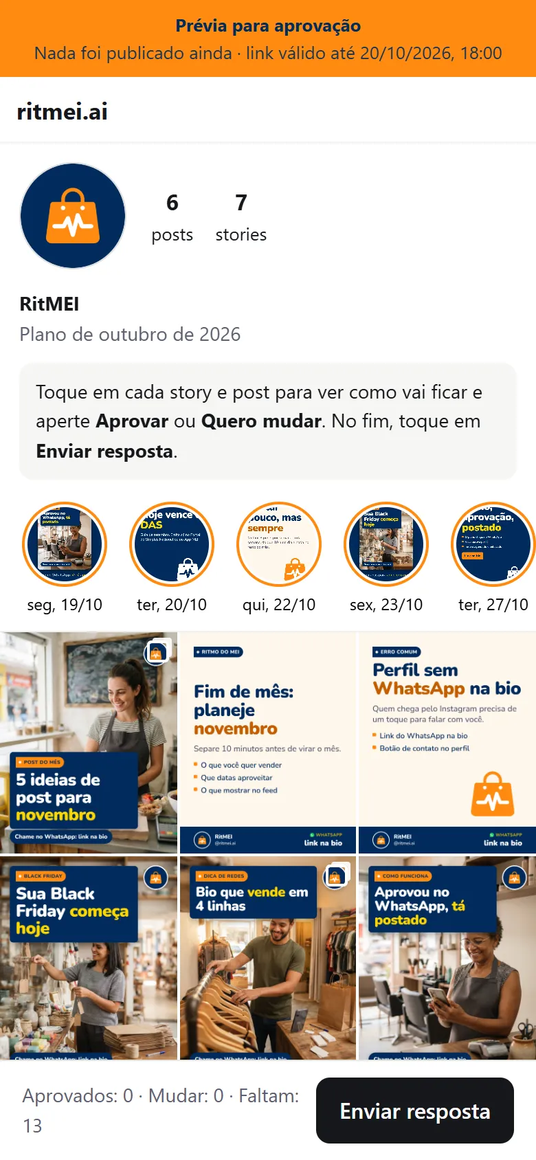 Tela de aprovação no celular: o plano do mês aparece como um perfil do Instagram, com stories e posts para aprovar.
